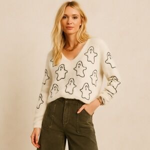 Wooden Ships‎ Wool Electric Ghost V-Neck Sweater Snow White Sz M